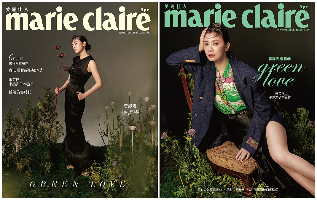 （左）黑色刺繡洋裝，Gucci。（右）藍色翻領雙排扣夾克、印花短袖保齡球襯衫、黑色絲綢半身裙，all by Gucci。