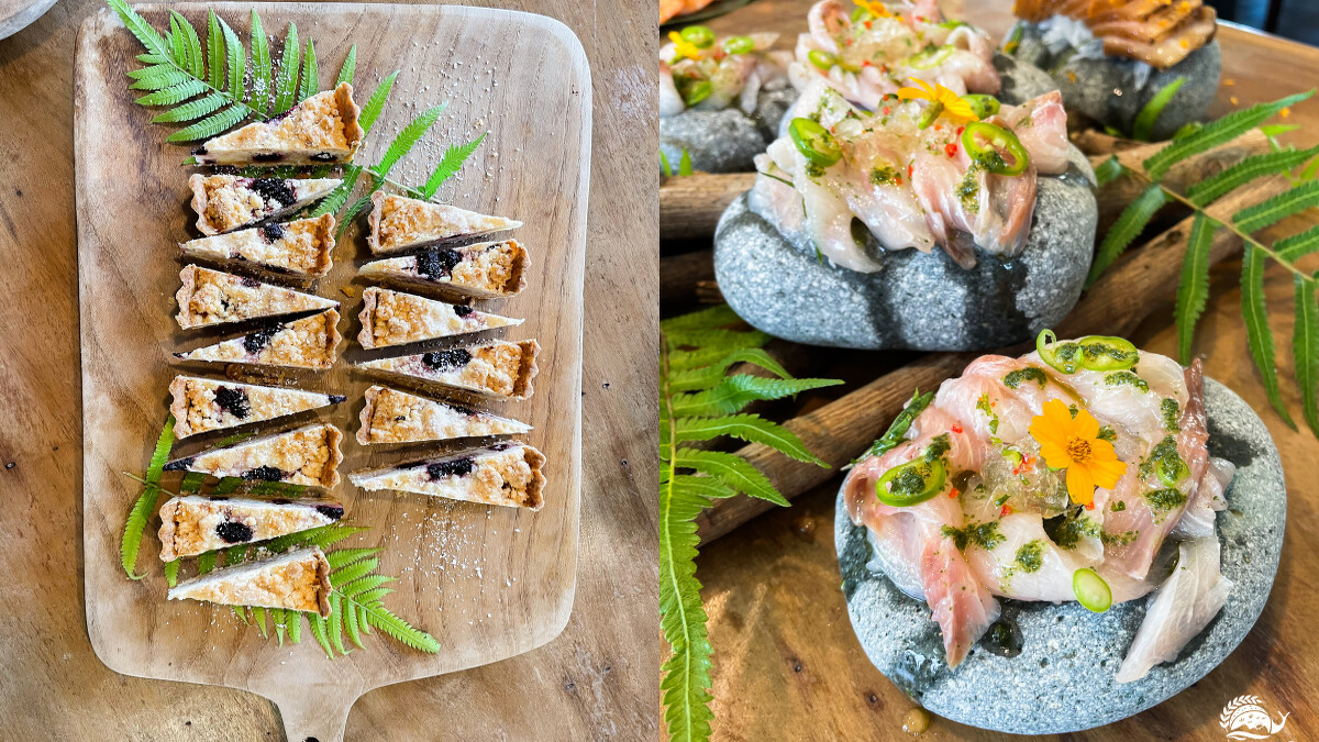 法式椰香野莓派與部落風味生醃午魚。