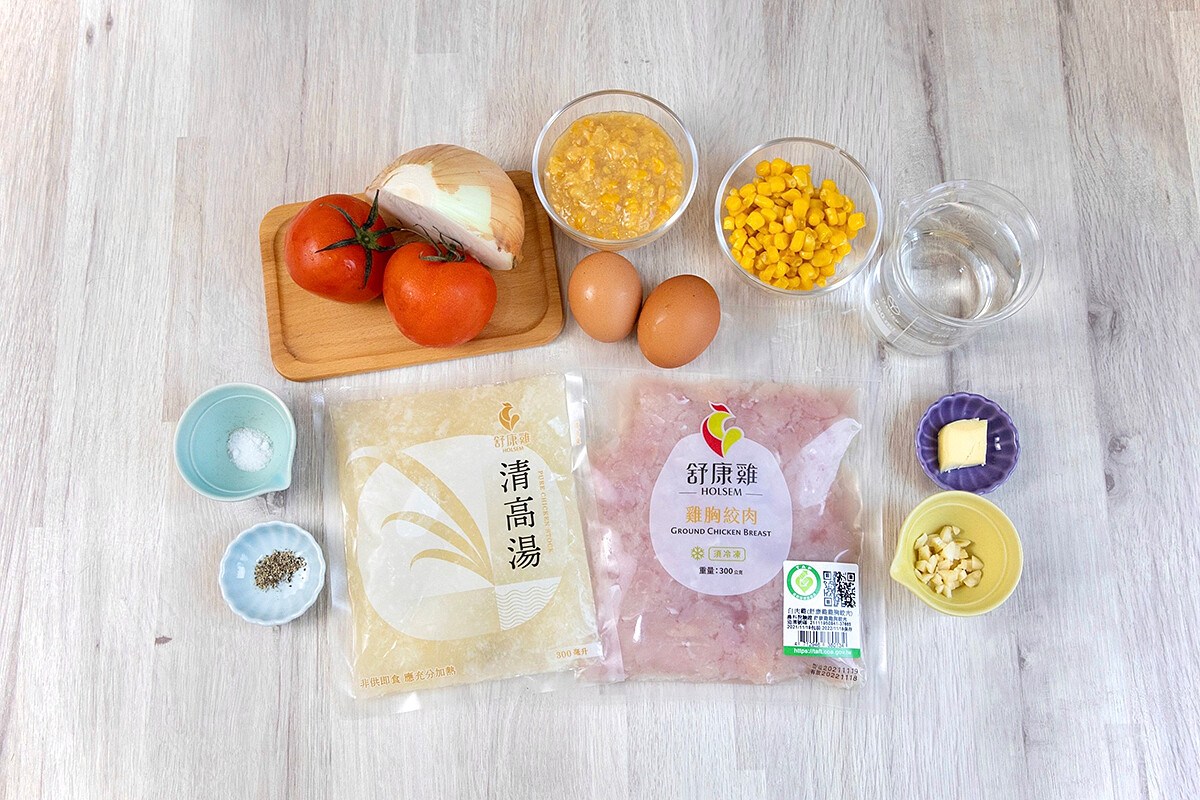 蕃茄雞蓉玉米湯材料。