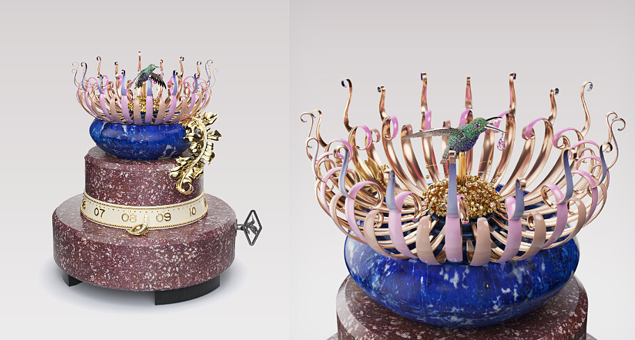 R&ecirc;veries de Berylline自動機械裝置花冠打開後蜂鳥特寫 (3D示意圖) &copy; Van Cleef & Arpels