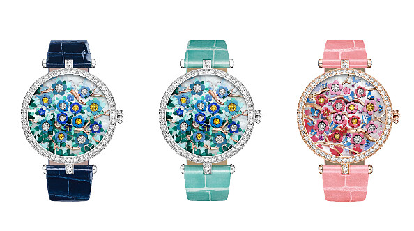 (左&中)Lady Arpels Heures Florales腕錶、(右)Lady Arpels Heures Florales Cerisier腕錶