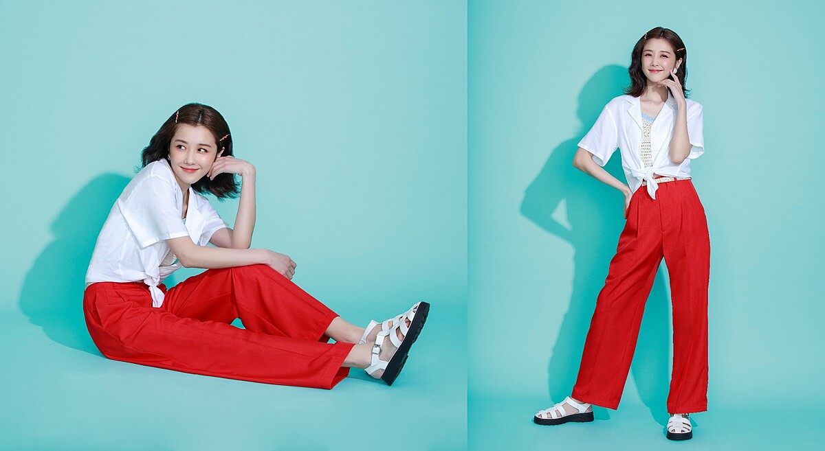 亞麻混紡開領襯衫NT590、好感多色直筒褲(派對紅)NT599，ALL BY GU。