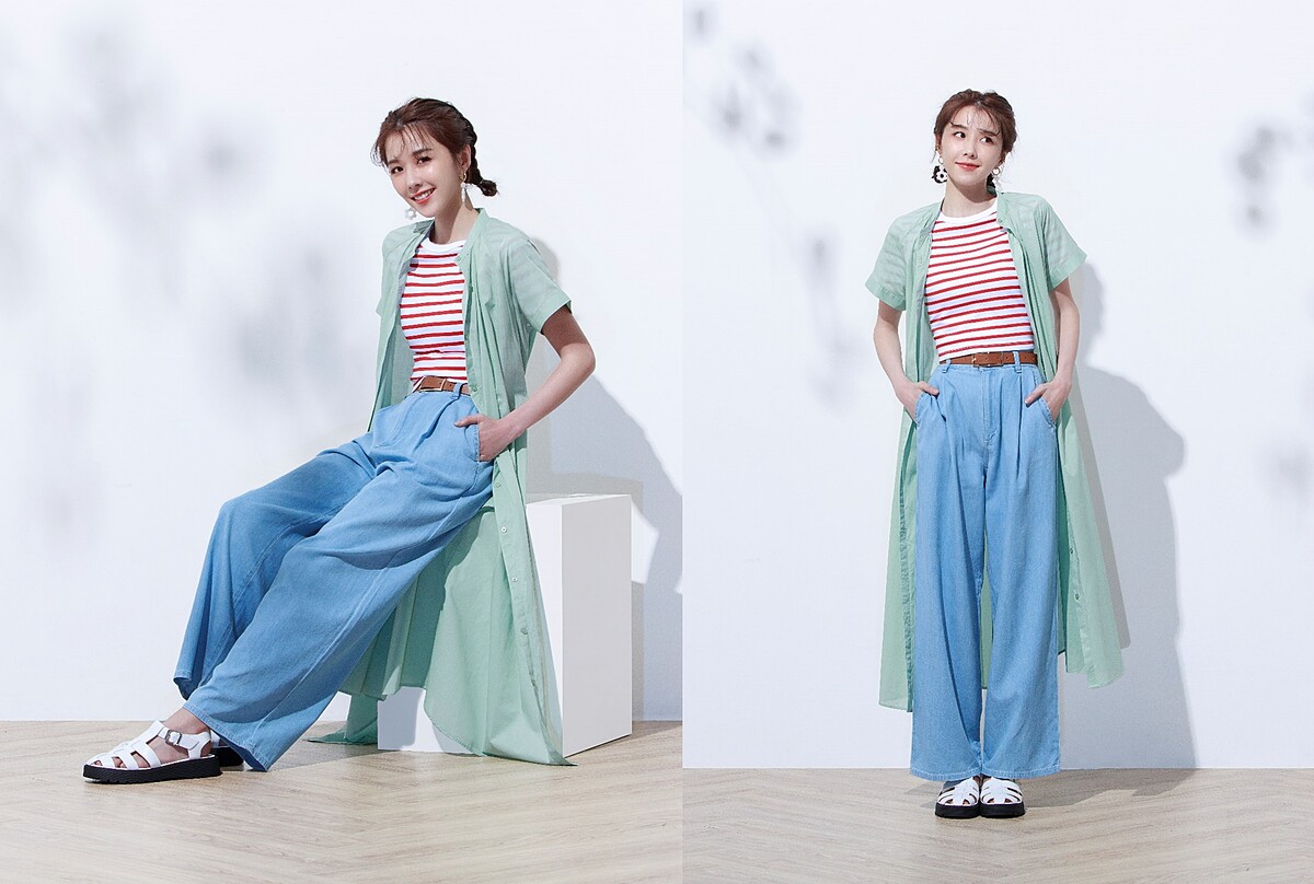 立領襯衫連身裙NT790、棉質條紋迷你T恤NT790、好感牛仔寬褲(淺藍色)NT790，ALL BY GU。