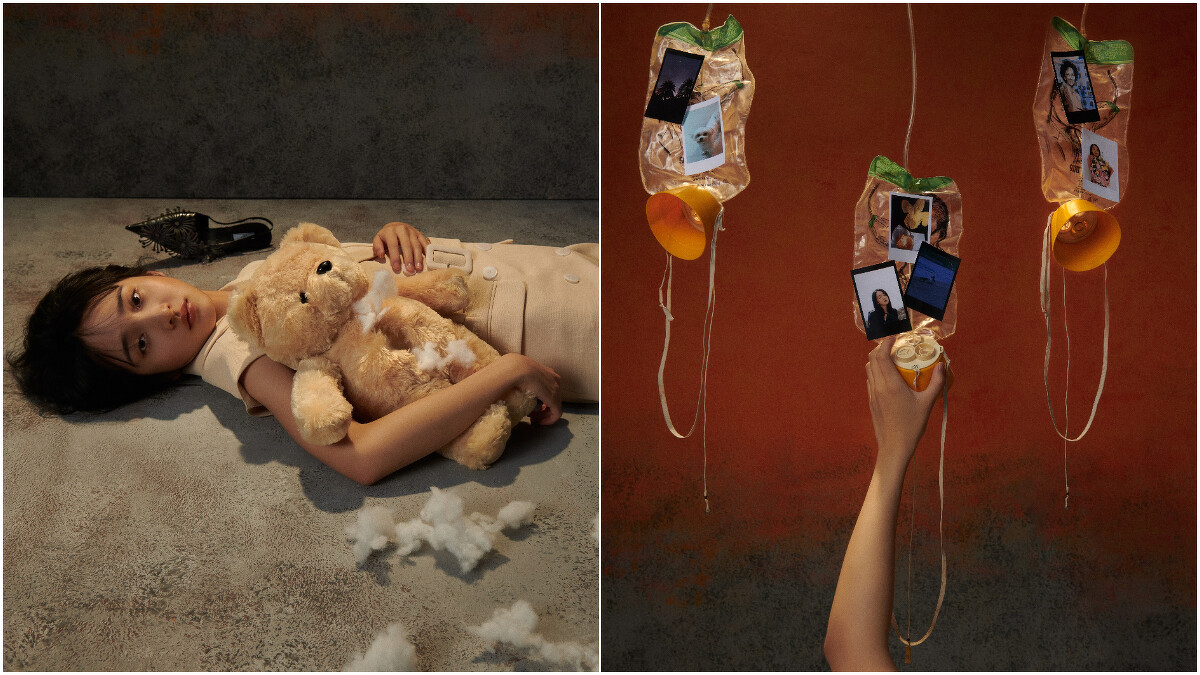 （左）米色西裝無袖洋裝，Sandro。（右）感謝真理大學航空系無償出借座艙氧氣面罩