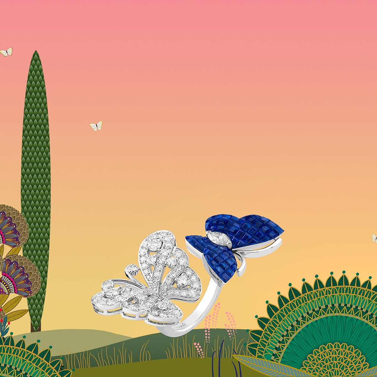 Flying butterfly Between the Finger指間戒，白K金，傳統隱密式鑲嵌拱面式切割藍寶石與鑽石。