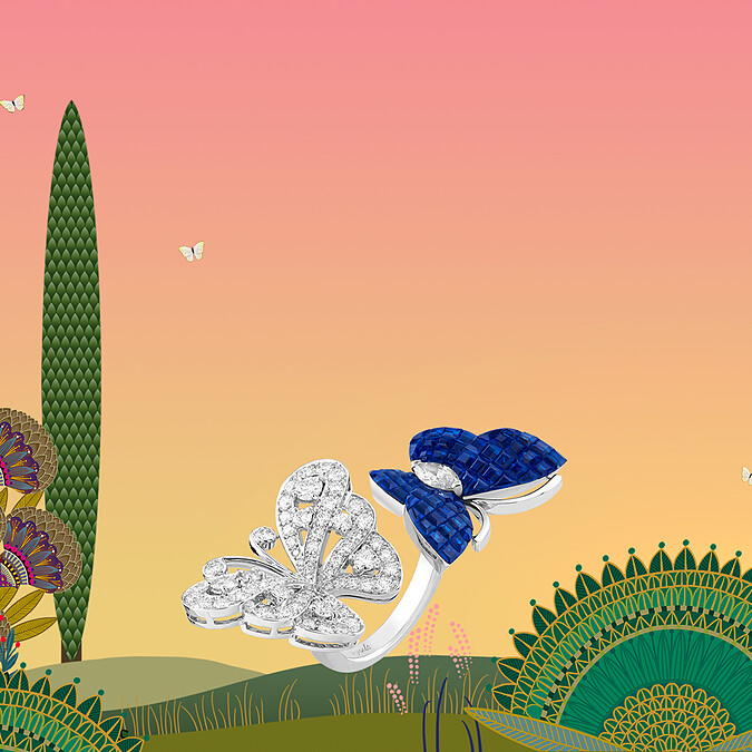 Flying butterfly Between the Finger指間戒,白K金,傳統隱密式鑲嵌拱面式切割藍寶石與鑽石。