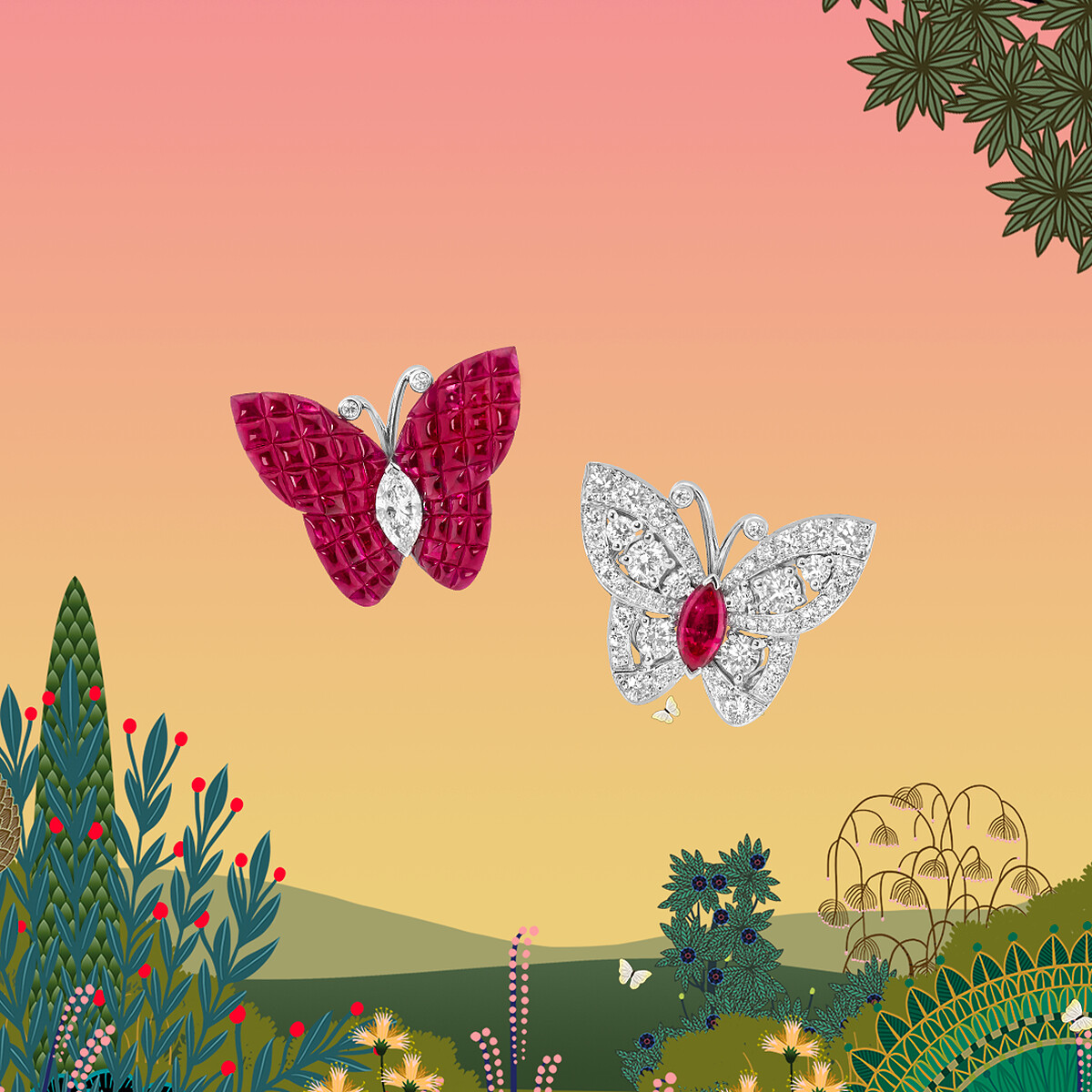 EssorMyst&eacute;rieux耳環，白K金、玫瑰金，buff-topped 傳統隱密式鑲嵌拱面式切割紅寶石、紅寶石與鑽石。