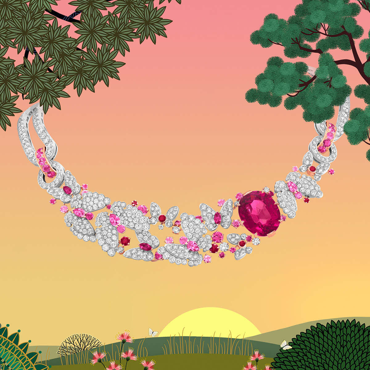 Jardin des papillons項鍊，白K金，玫瑰金，鑲嵌1顆橢圓形切割紅碧璽(重約21.84克拉)、圓形、梨形及馬眼形切割粉紅藍寶石、圓形切割紅寶石及鑽石。