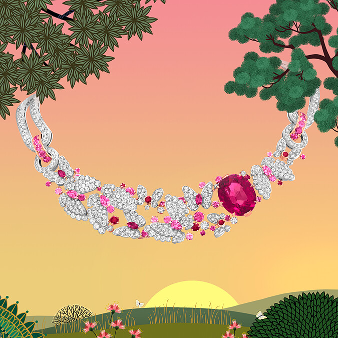 Jardin des papillons項鍊,白K金,玫瑰金,鑲嵌1顆橢圓形切割紅碧璽(重約21.84克拉)、圓形、梨形及馬眼形切割粉紅藍寶石、圓形切割紅寶石及鑽石。