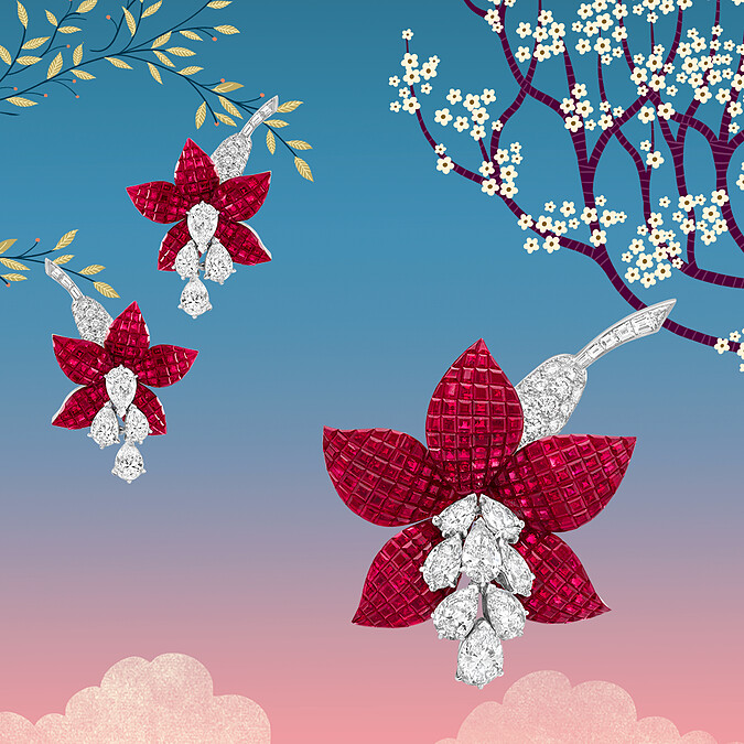 Fuschia胸針,鉑金,白K金,玫瑰金,傳統隱密式鑲嵌紅寶石與鑽石。