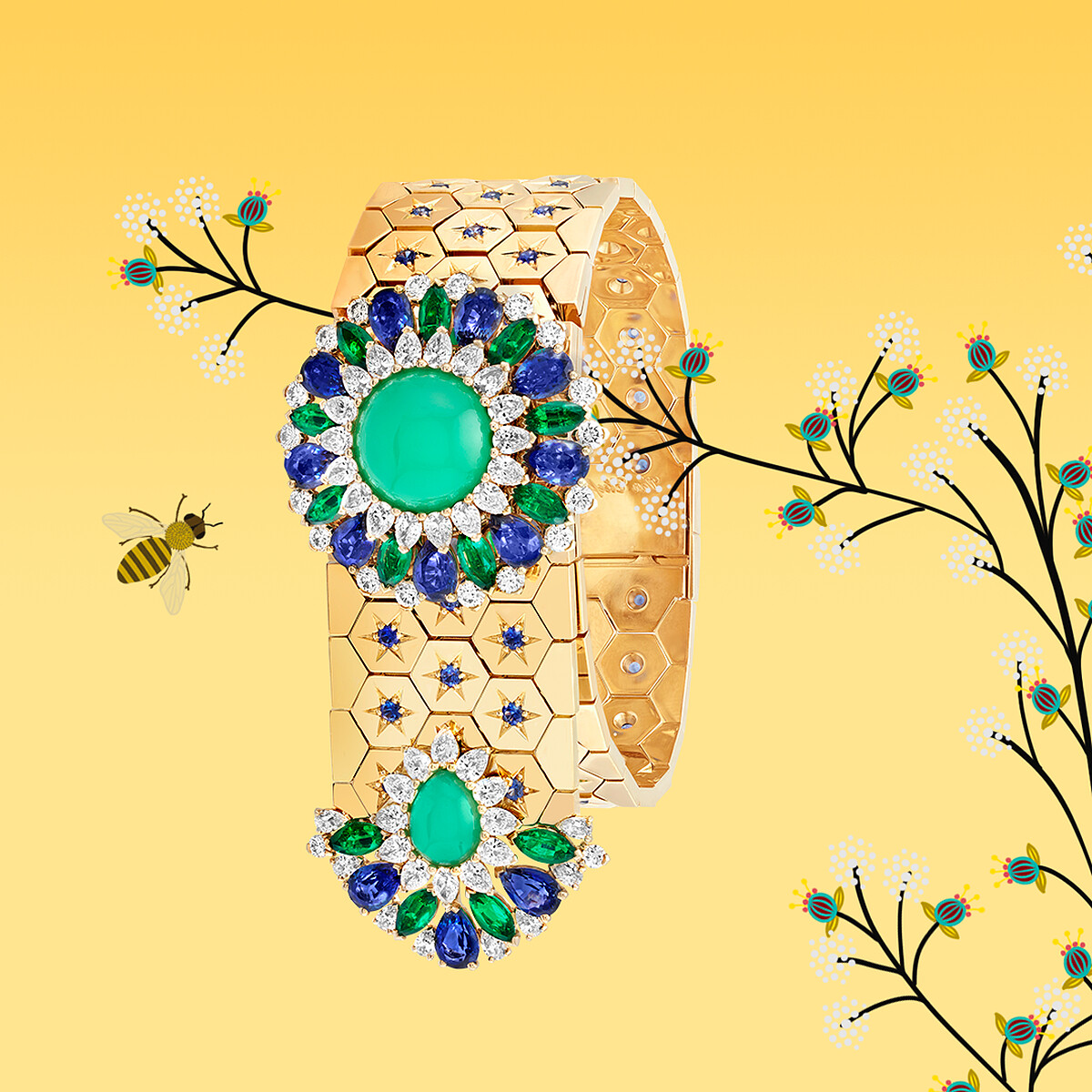 Ludo Secret 神秘腕錶，黃K金、藍寶石、祖母綠、綠玉髓、白色珍珠母貝、鑽石，搭配石英機芯。