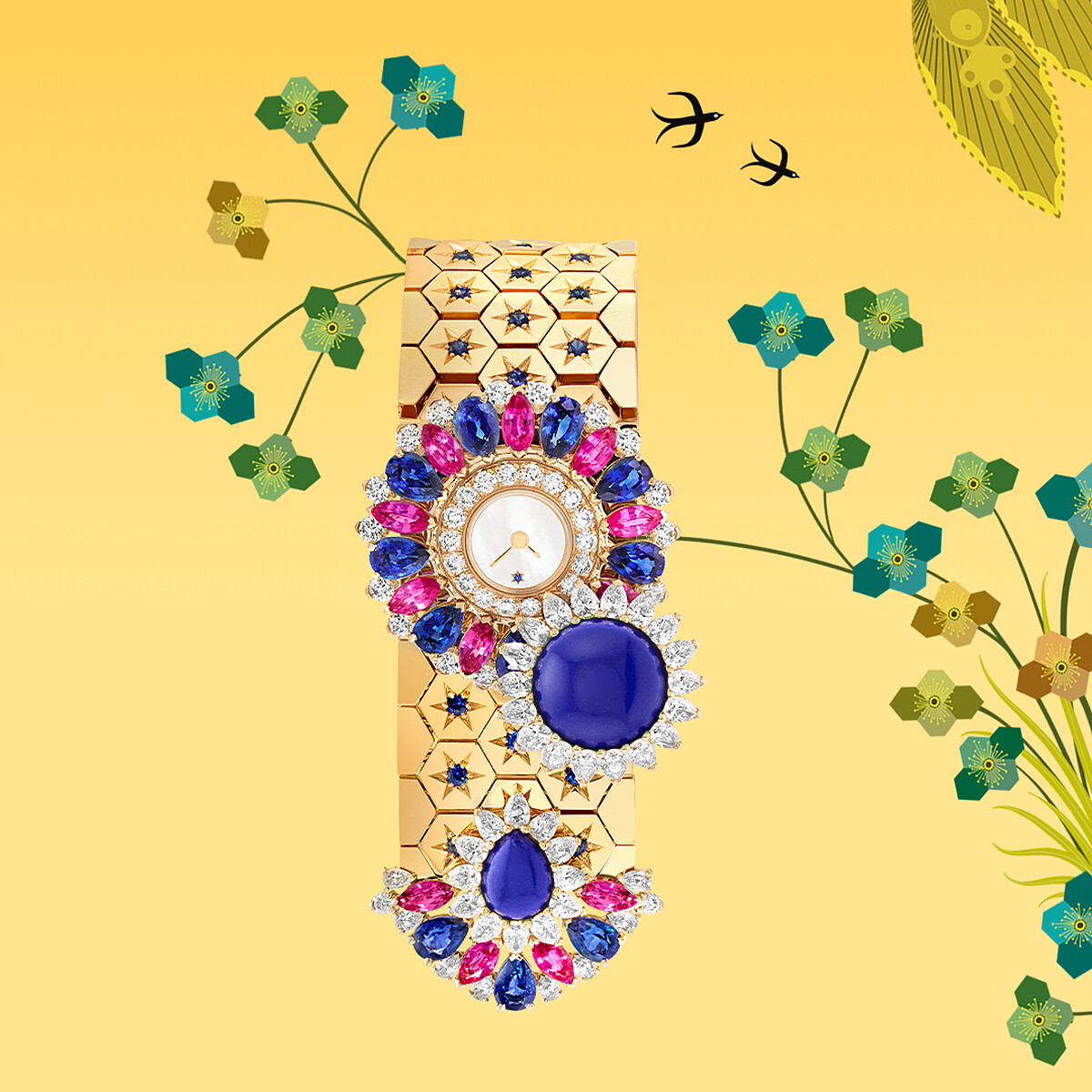 Ludo Secret 神秘腕錶，黃K金，藍寶石、粉紅藍寶石、青金石、白色珍珠母貝、鑽石，搭配石英機芯。