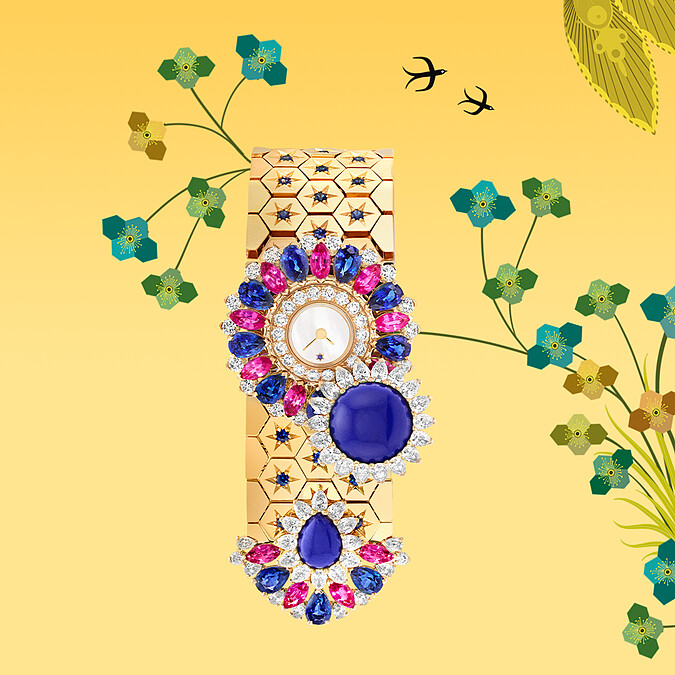 Ludo Secret 神秘腕錶,黃K金,藍寶石、粉紅藍寶石、青金石、白色珍珠母貝、鑽石,搭配石英機芯。