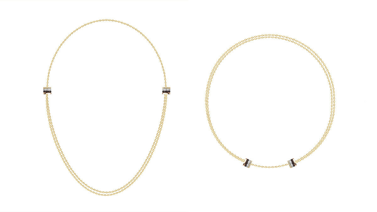 Quatre Classique系列項鍊:白金、黃金、玫瑰金750材質、棕色PVD,鑲嵌30顆鑽石(約0.24克拉),台幣參考售價,NT186,500。