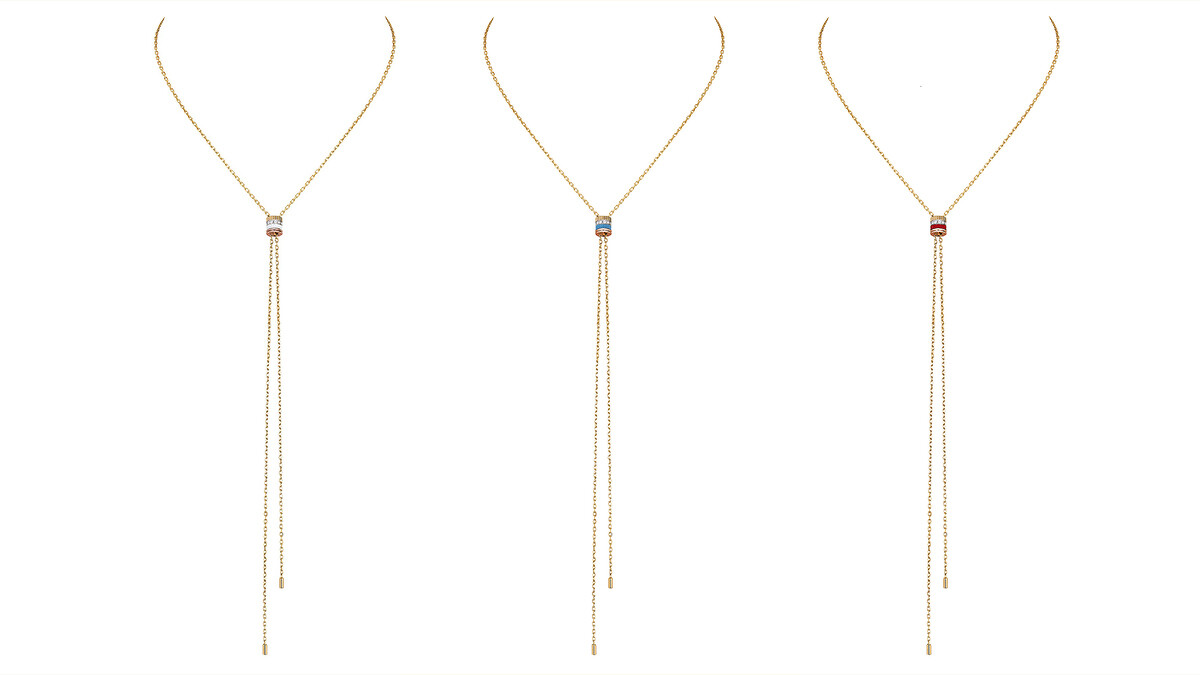 Quatre White系列長項鍊:白金、黃金和玫瑰金750材質、白色高精密陶瓷,鑲嵌13顆鑽石(約0.33克拉),售價NT288,000。Quatre Blue系列長項鍊:白金、黃金和玫瑰金750材質、藍色高精密陶瓷,鑲嵌13顆鑽石(約0.33克拉),售價NT288,000。Quatre Red系列長項鍊:白金、黃金和玫瑰金750材質、紅色高精密陶瓷,鑲嵌13顆鑽石(約0.33克拉),售價NT288,000。