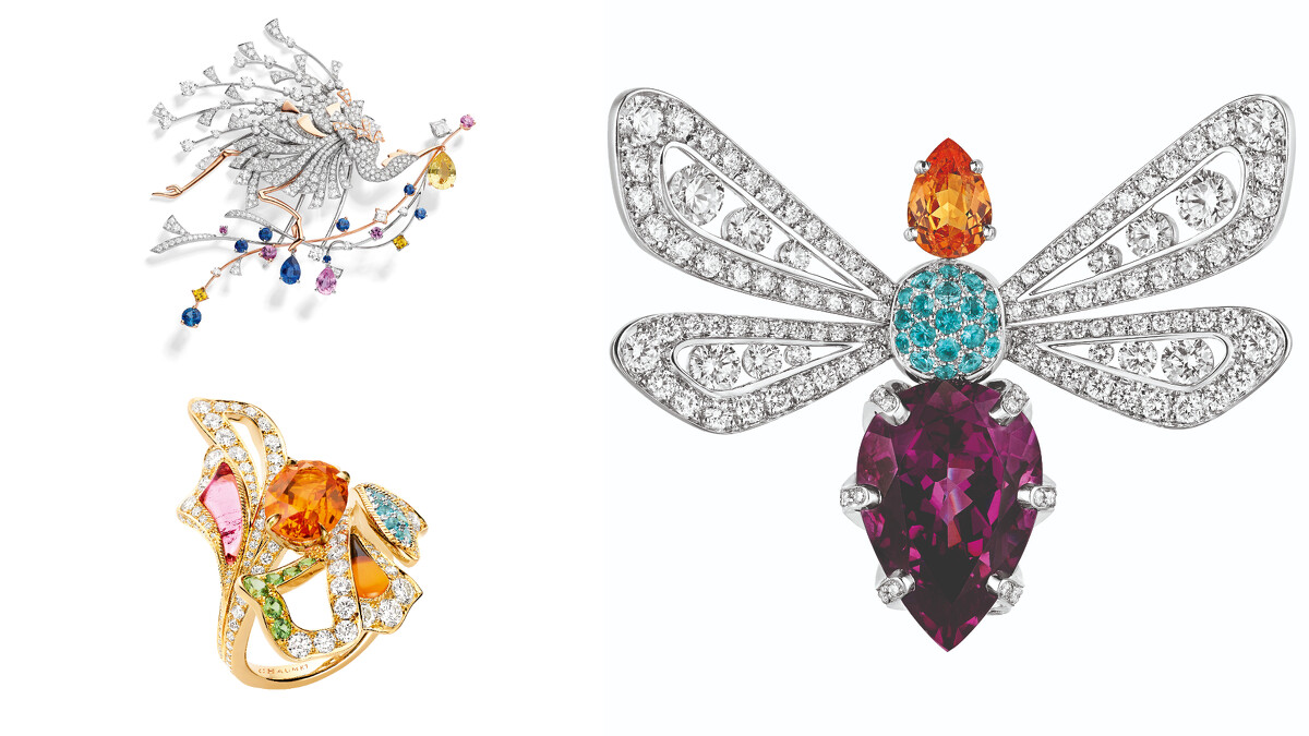 (左上) Parade 18K白金和18K玫瑰金胸針；(左下)&Eacute;closion de Chaumet 18K黃金戒指；(右) Abeille 18K白金胸針