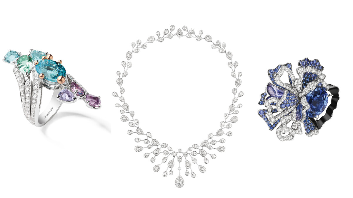 (左)Passages 18K白金及玫瑰金戒指；(中)Jos&eacute;phine Aigrette Imp&eacute;riale 18K白金項鏈；(右)Esquisse de Chaumet 花毛茛形18K白金戒指