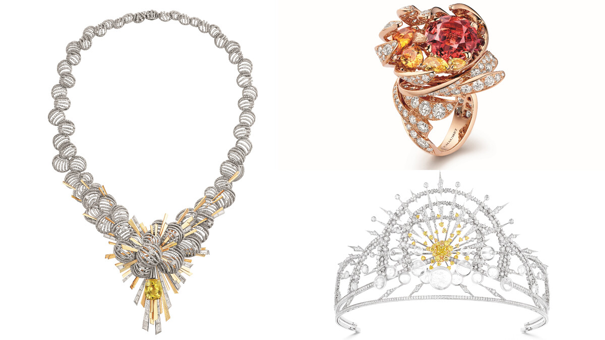 (左)Nuages d'Or 18K白金及黃金項鏈；(右上)Soliel de Feu 18K玫瑰金戒指；(右下)Soleil Glorieux 18K白金和黃金冠冕