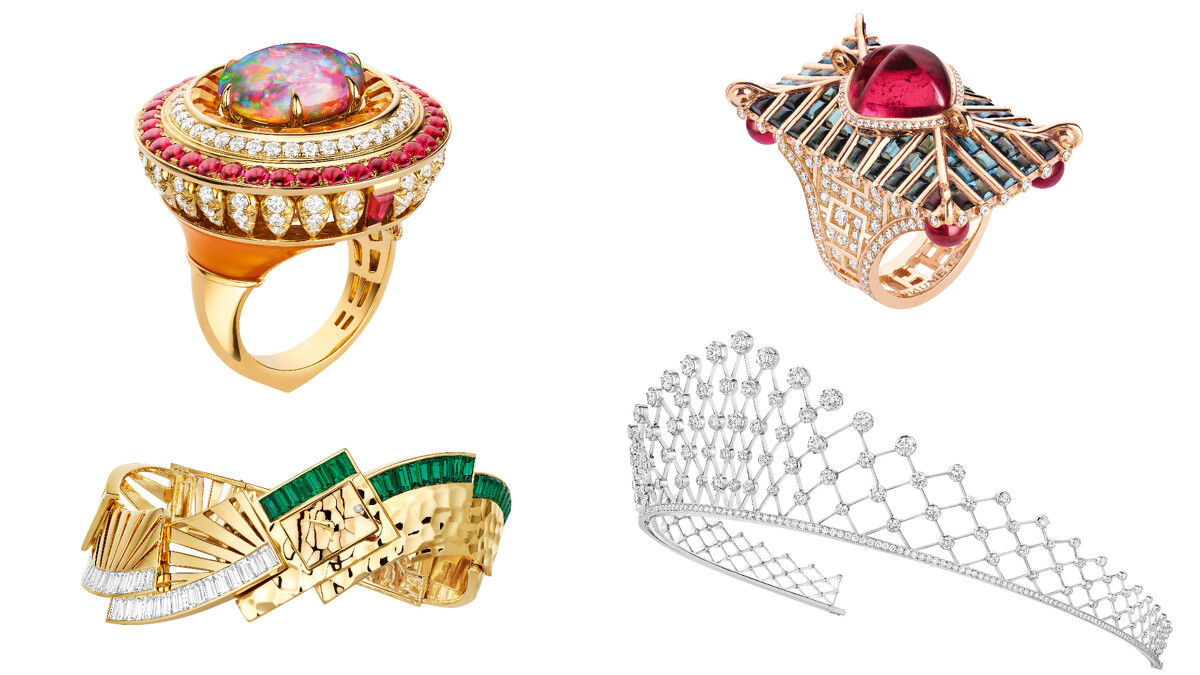 (左上) Lux 18K黃金戒指；(左下) Skyline 18K黃金腕錶；(右上) Lady Wei 18K玫瑰金戒指；(右下) Dentelle de Lumi&egrave;re 18k白金冠冕