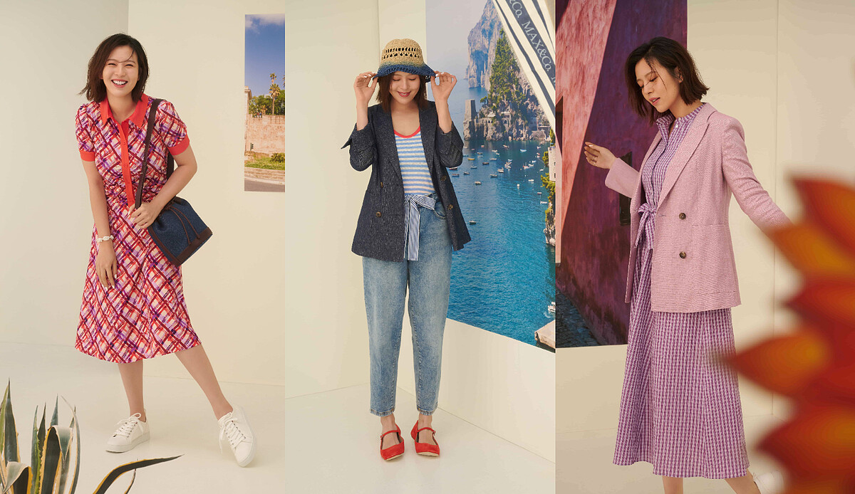 (左):水彩格紋針織洋裝NT16,300、原色丹寧水桶包NT9,600、JOY帆布鞋NT 8,900;(中)午夜藍漸層草編帽NT4,900,兩件式條紋衫NT10,600、原色丹寧修身西裝外套NT23,900、綁帶裝飾丹寧錐型褲NT11,900、瑪莉珍小紅鞋NT9,900;(左) 薰衣草紫格紋襯衫式洋裝NT14,900、薰衣草紫修身西裝外套NT23,900。