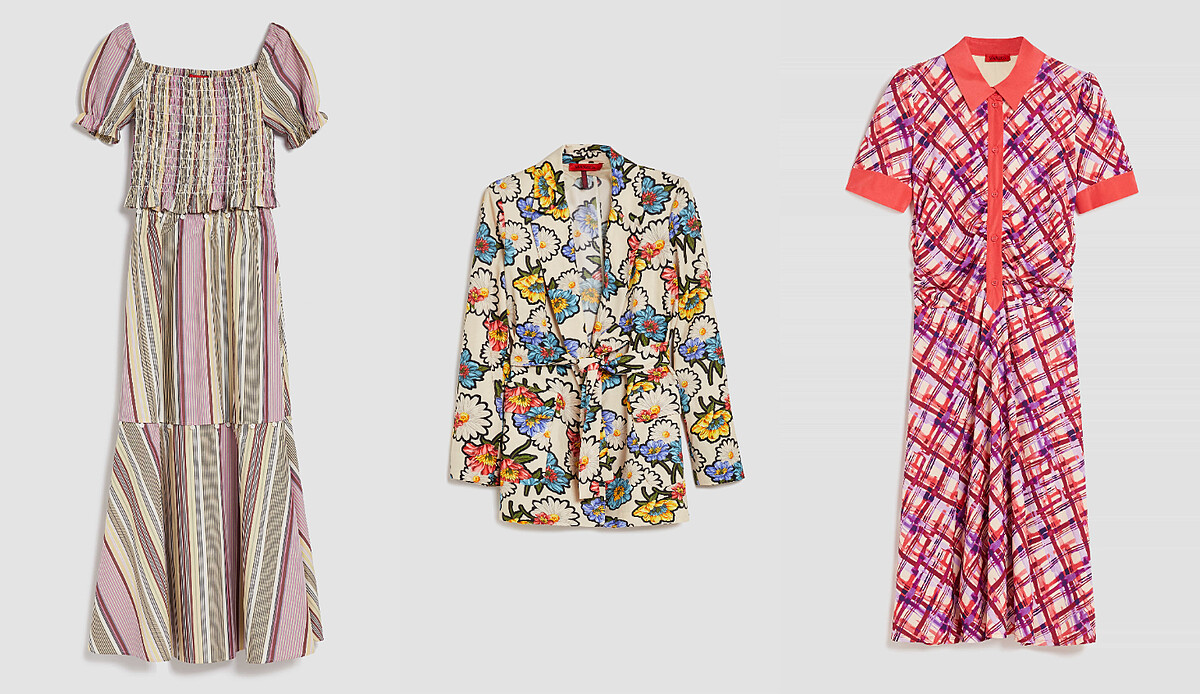 彩條三截式長版洋裝NT18,600、雛菊印花西裝外套NT22,900、水彩格紋針織洋裝NT16,300