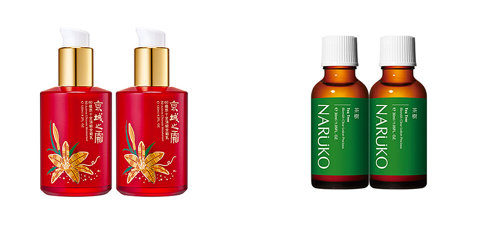 (左)母親節限定【京城之霜】春仔花限量版全能乳2入。(右)茶樹抗痘粉刺寶 (4.22-4.30指定品回饋15%)。