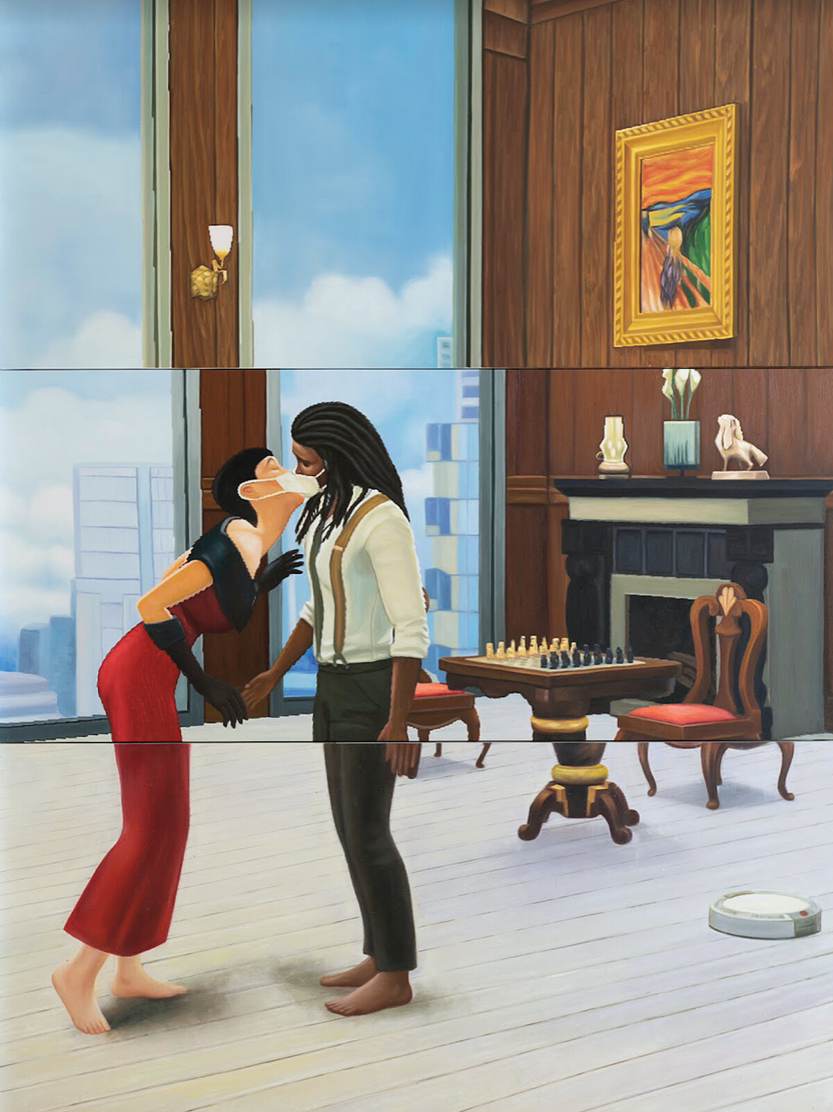 Mak2, &ldquo;Pandemic Love 4&rdquo;, 2021, Acrylic on canvas, triptych, 200 x 150 cm (Each panel 66.7 x 150 cm). &copy; Mak2. Image courtesy of de Sarthe.