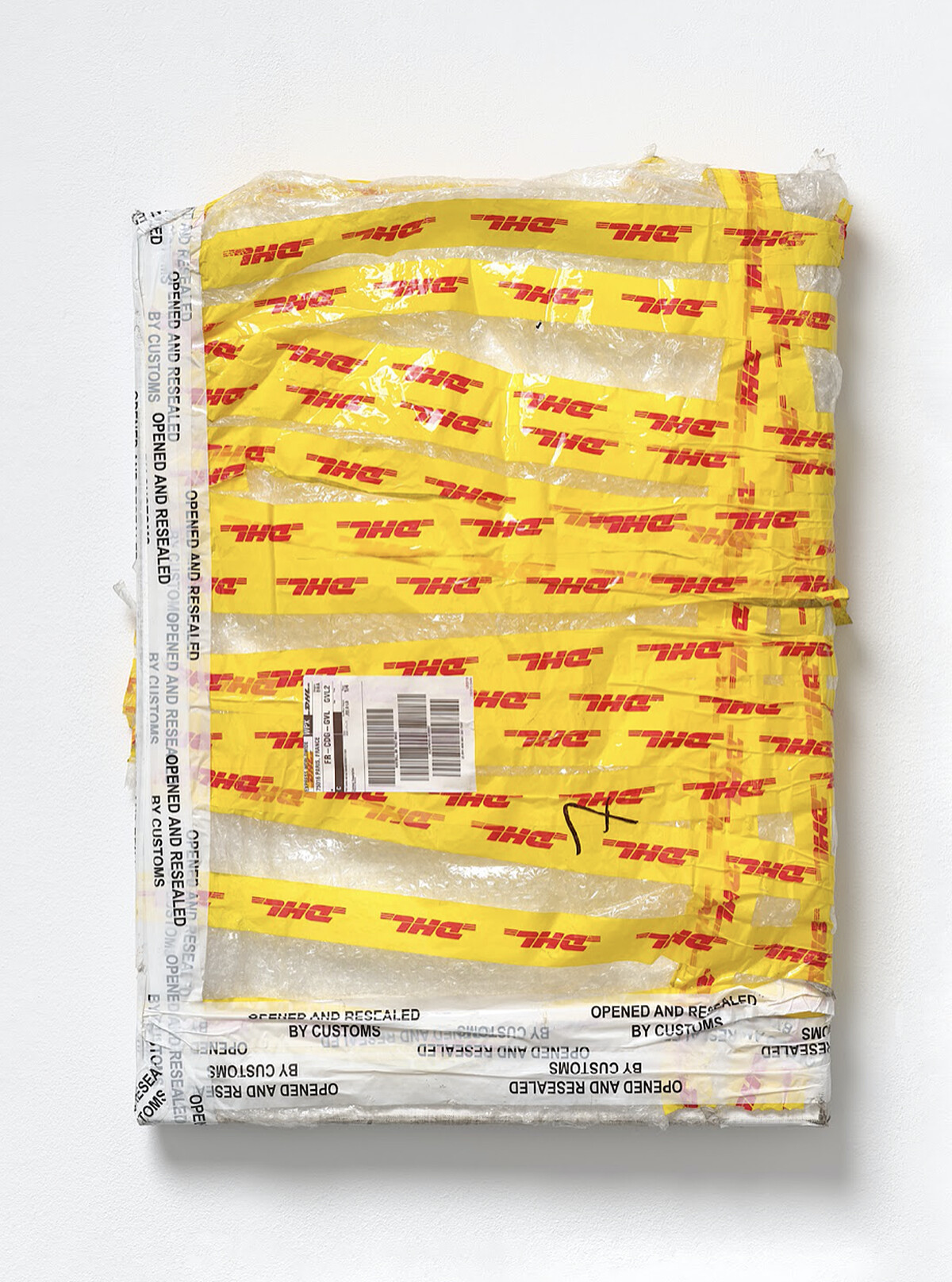 Karin Sander, &ldquo;Mailed Painting 213&rdquo;, 2021, Berlin &ndash; El Sharkia &ndash; Leitchfield &ndash; Thu Dau Mot &ndash; Paris, Stretched canvas in standard sizes, white universal primer, 60 x 80 x 3 cm. Image courtesy of the artist and Esther Schipper, Berlin. Photo &copy; J&ouml;rg von Bruchhausen