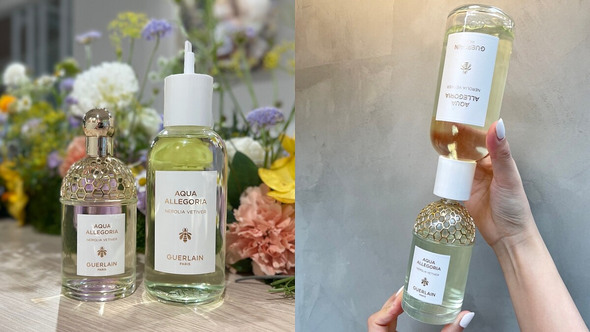 嬌蘭花草水語淡香水與補充瓶，以及補充瓶使用示範。