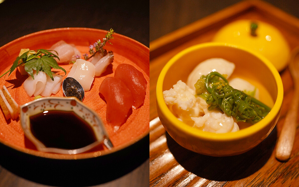 左為波光，為生魚片拼盤，右為越境，以鱘龍魚搭配伊勢龍蝦，淋上以鱘龍魚熬製的醬汁。