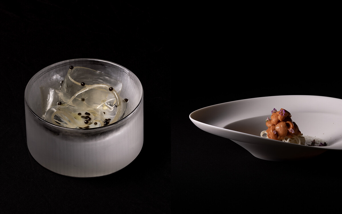 （左）未來魚的樣貌；（右）以海膽混搭冷麵的當代風味。