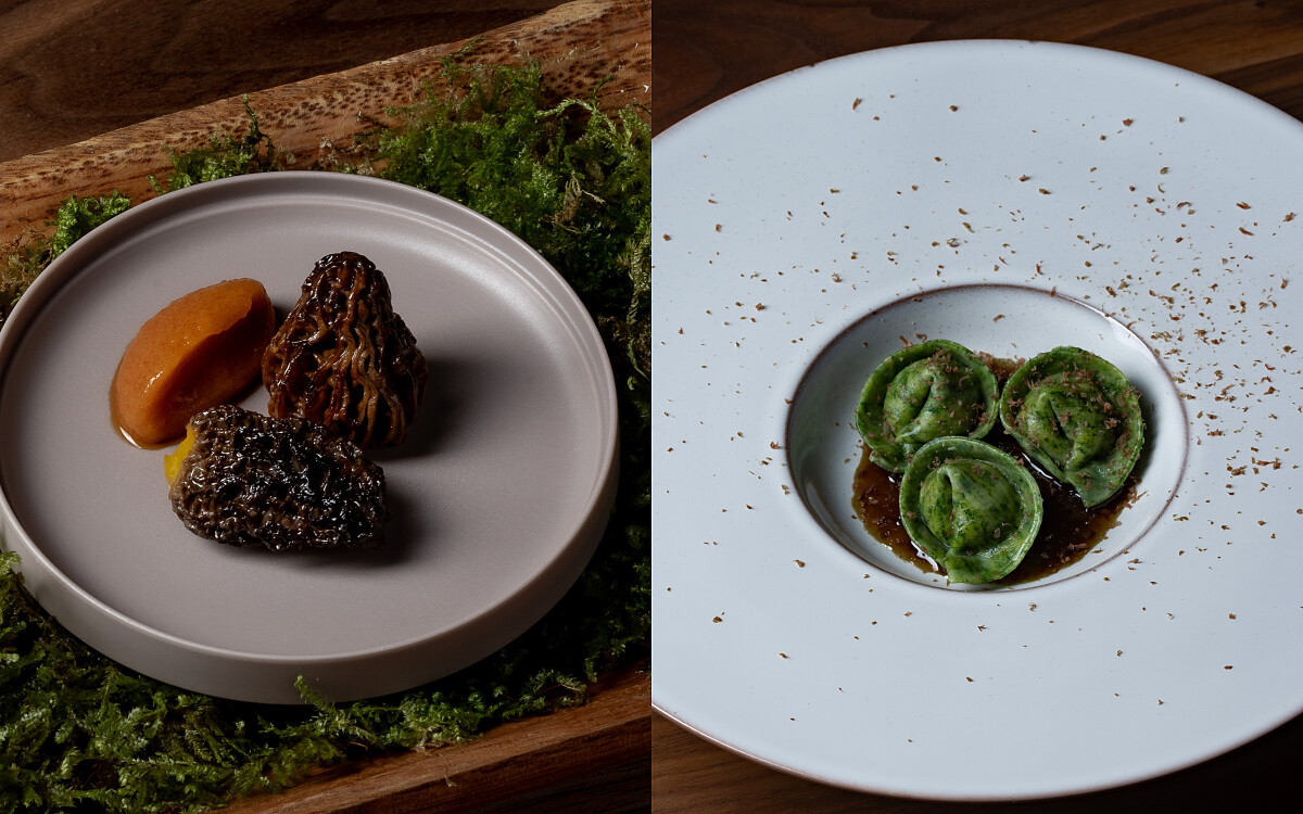 （左）未來菜色的辣羊肚菌；（右）中、義合併的箘菇 Ravioli 佐福菜醬汁。