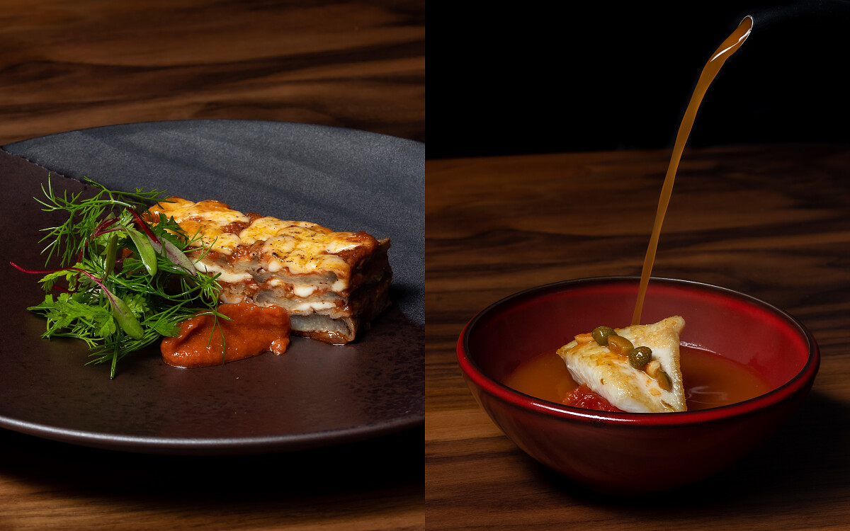 （左）蕃茄纖維熬製千層麵醬汁；（右）蕃茄渣與魚骨熬製高湯。