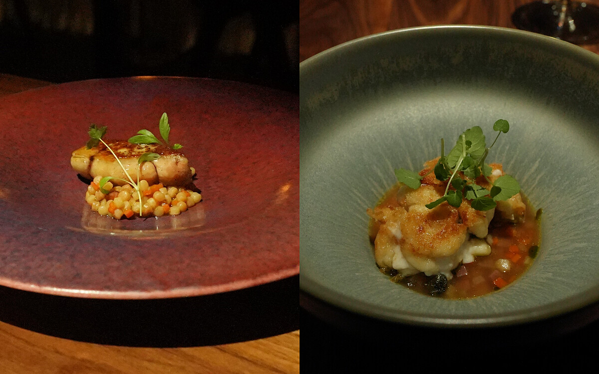 （左）煎鵝肝搭配珍珠米型麵；（右）油脂味豐富的煎白子。