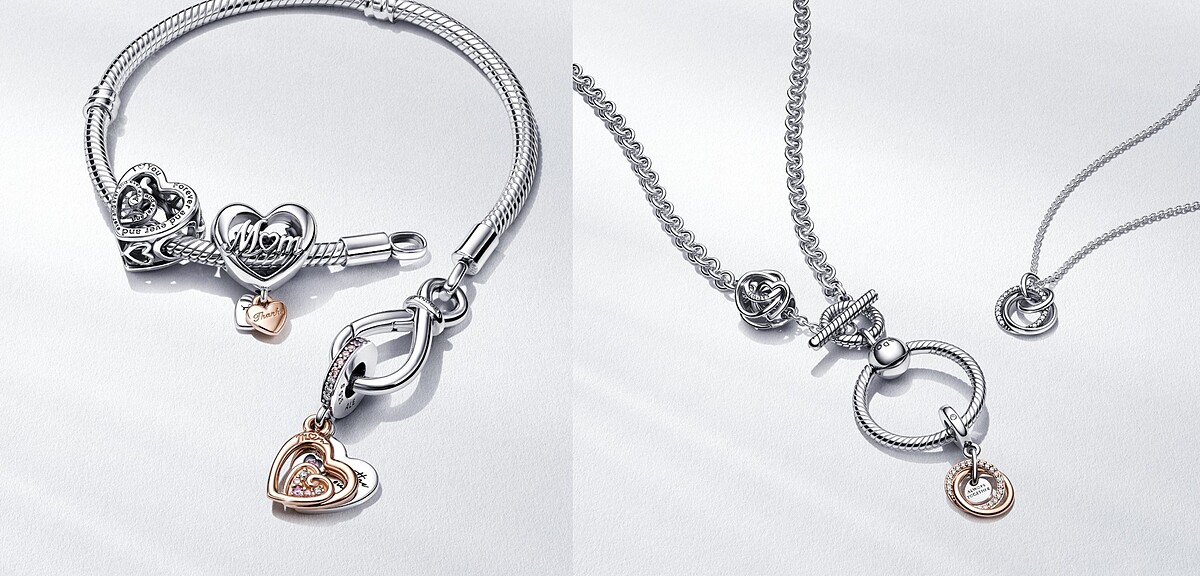 (左)Pandora Moments系列無限結蛇鏈手鏈NT$3,280、交織心意串飾NT$880、交織心意雙層吊飾NT$2,480。 (右) Pandora Moments T字釦O環項鏈NT5,980、永恆親情圓環吊飾NT$2,480、永恆親情圓環吊墜項鏈NT$2,880。 