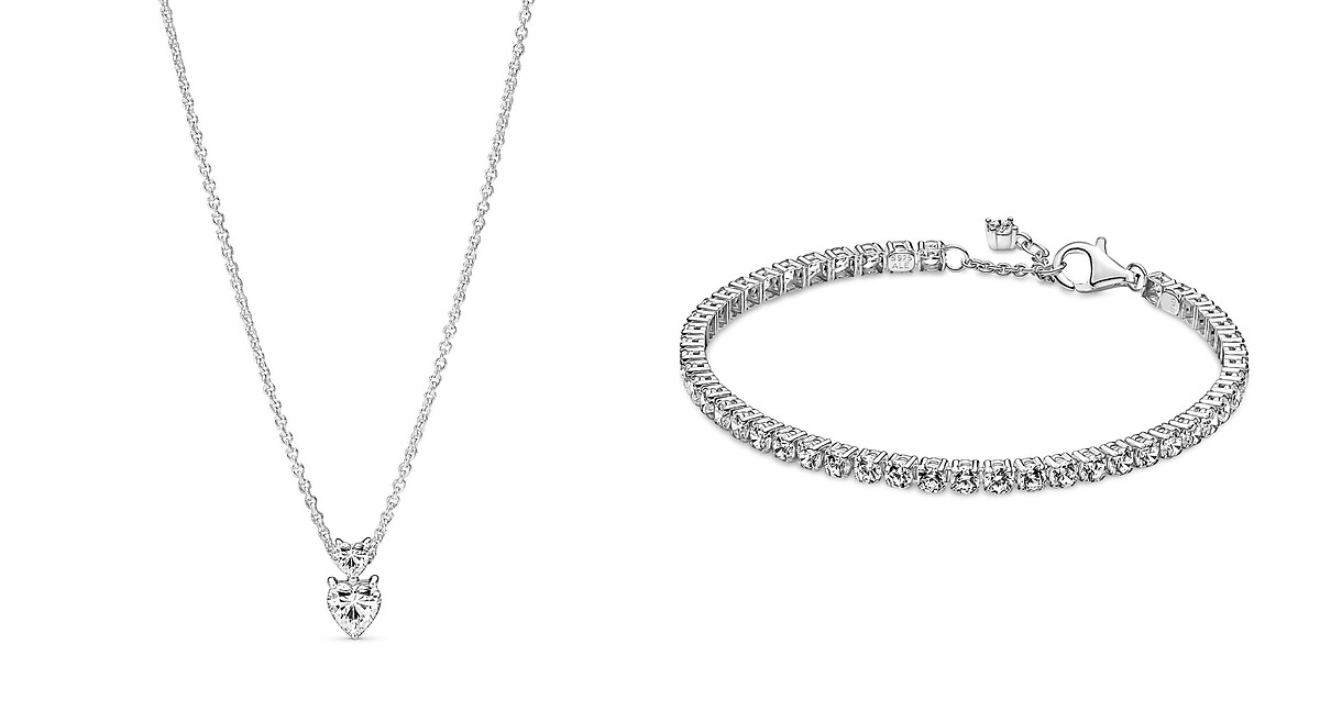 璀璨雙心短項鏈 NT$3,280、璀璨寶石手鏈 NT$3,680 