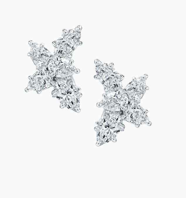 HARRY WINSTON Winston Cluster系列鑽石耳環 (小型款)，鉑金底座鑲嵌6顆水滴型切工鑽石與4顆馬眼型切工鑽石總重約2.58克拉，售價店冾 &uarr;