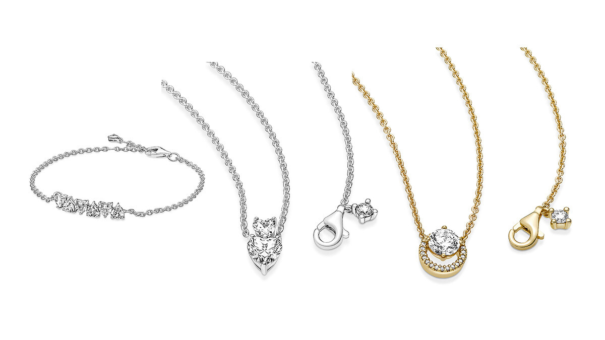 無盡璀璨愛心寶石手鏈NT$2,880、璀璨雙心短項鏈NT$3,280、璀璨光環短項鏈NT$7,380。