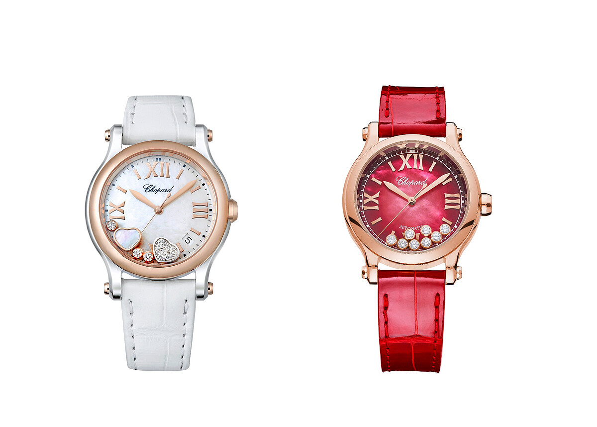 左:Happy Hearts腕錶,白色珍珠母貝面盤飾有2顆愛心造型滑動鑽石。右:Happy Sport 18K玫瑰金機械腕錶,紅色珍珠母貝面盤搭配八顆滑動鑽石。