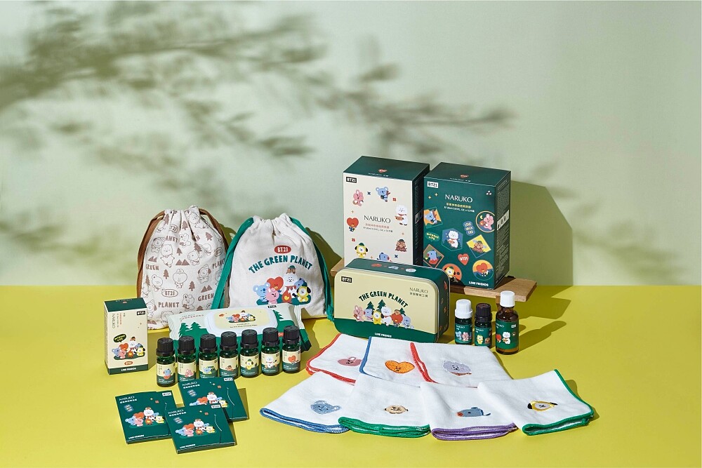 NARUKO茶樹系列全新BT21包裝全商品情境圖。