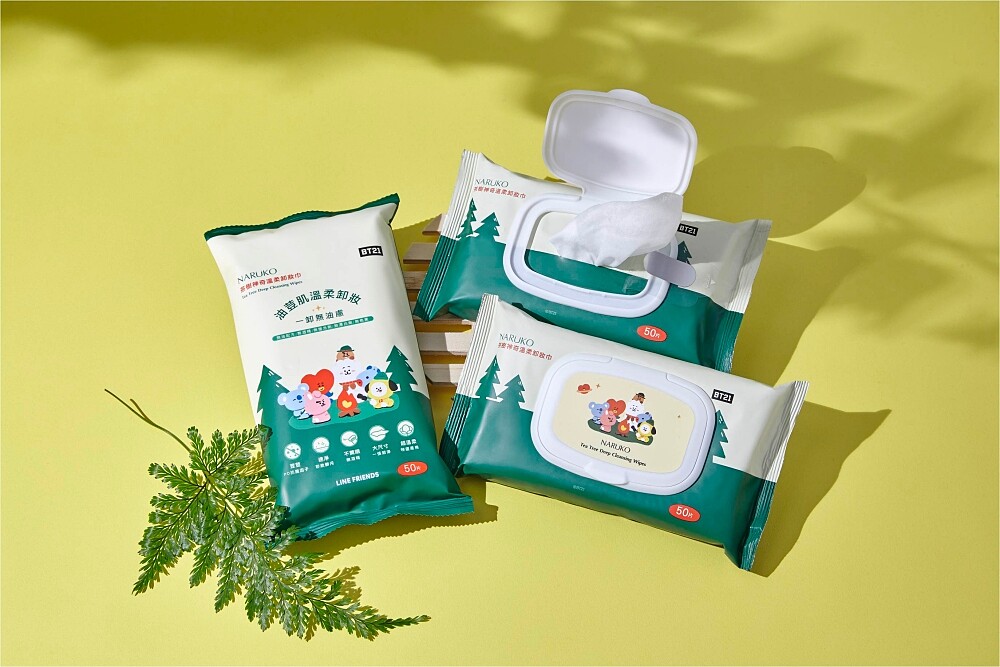 NARUKO茶樹神奇溫柔卸妝-BT21包裝情境圖。