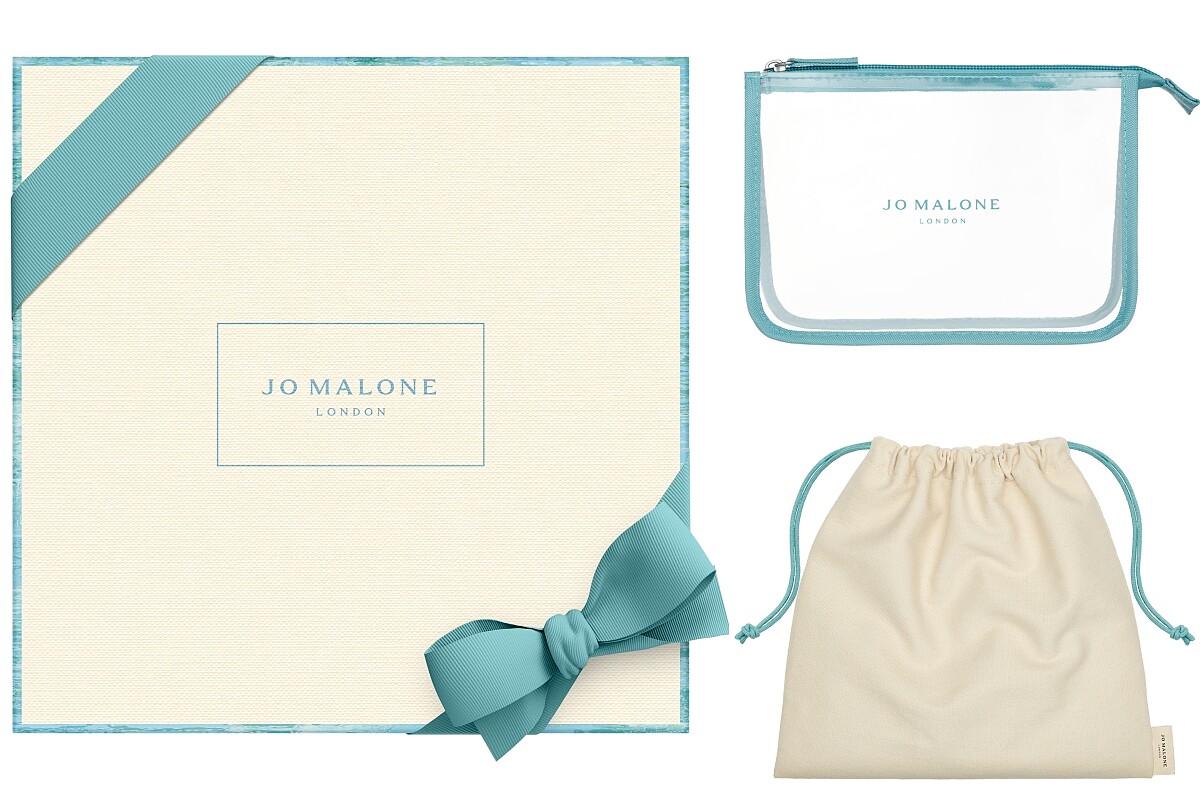 Jo Malone London 2022年英倫遨游系列限量包裝與緞帶、透明旅行袋、質感束口布袋。