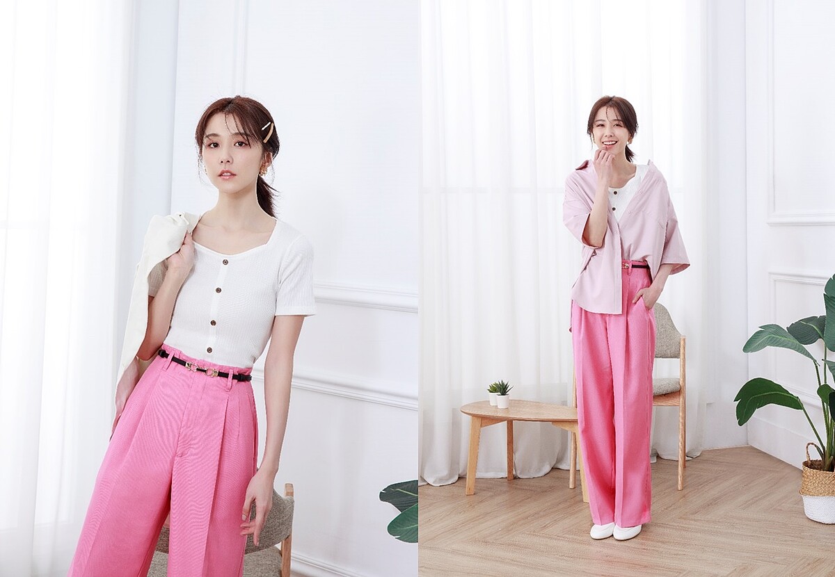 前鈕扣短袖迷你T恤NT390、寬鬆襯衫(粉)NT590、亞麻混紡寬版短袖外套NT990、好感多色直筒褲（戀愛粉）NT590、馬銜釦穆勒拖鞋NT790，ALL BY GU。