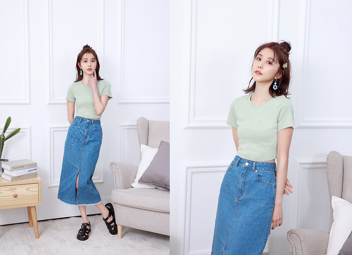 純棉迷你T恤NT390、牛仔開叉合身中長裙NT790、廓爾喀編織涼鞋NT890 ，ALL BY GU。