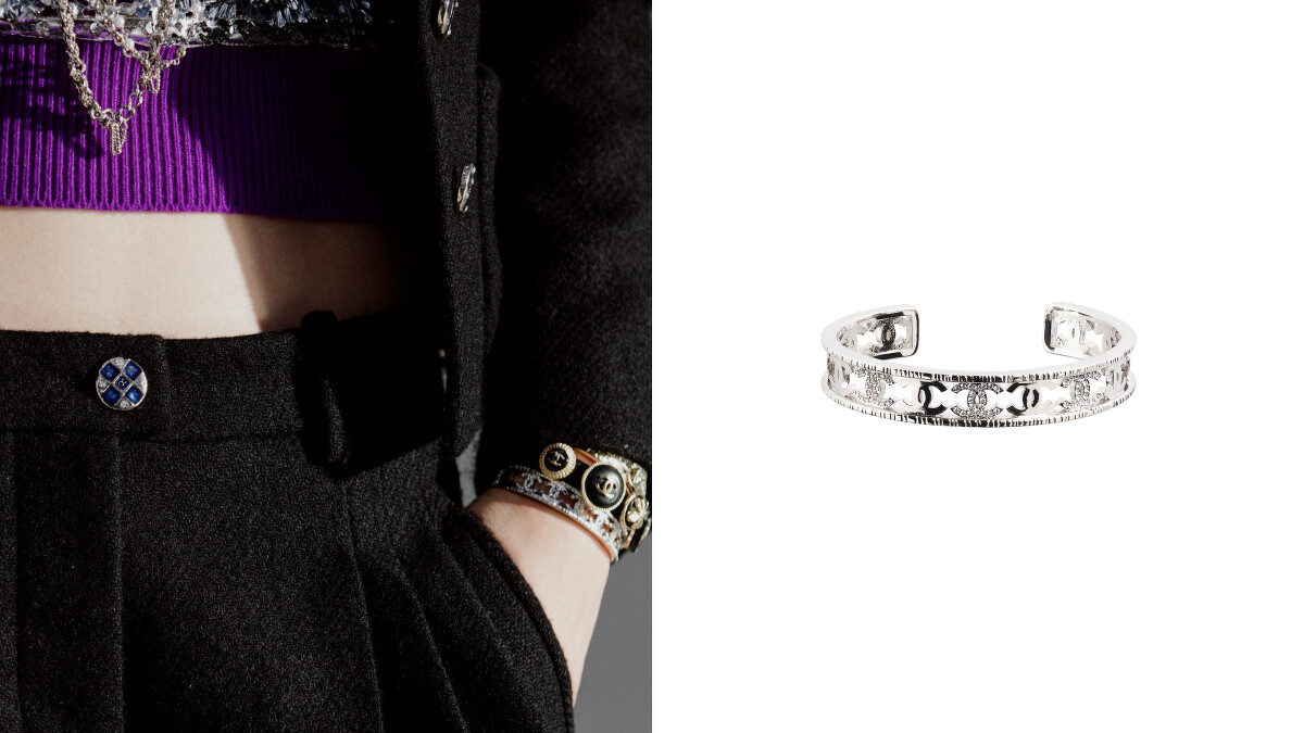 銀色金屬水晶鑲飾雙C logo手環，NT$28,100