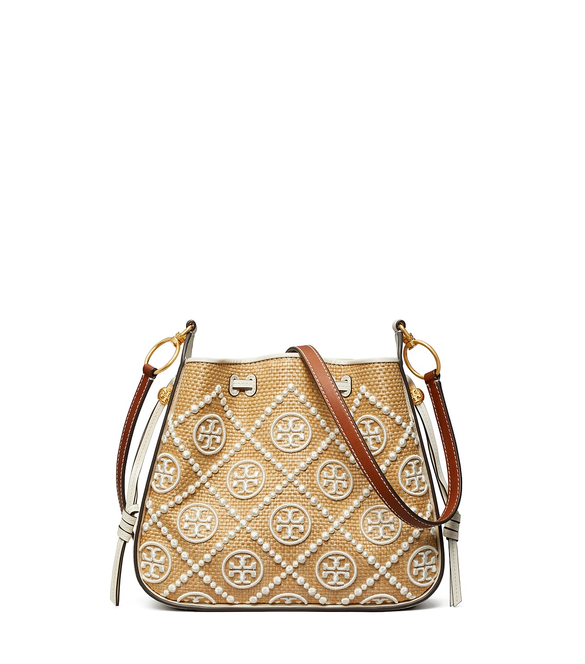 Tory Burch 燕麥米麥稈編織 T Monogram 立體刺繡圖騰風鈴包，NT$23,900