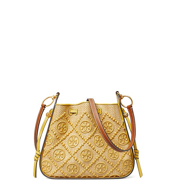 Tory Burch 日落黃麥稈編織 T Monogram 立體刺繡圖騰風鈴包，NT$23,900