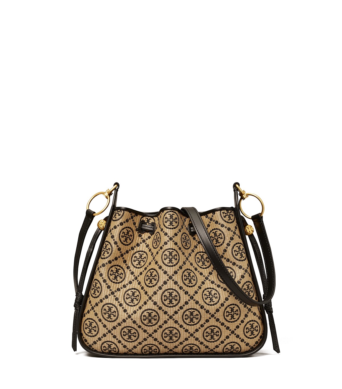 Tory Burch 夜空黑拉菲葉編織 T Monogram 圖騰印花風鈴包，NT$25,900