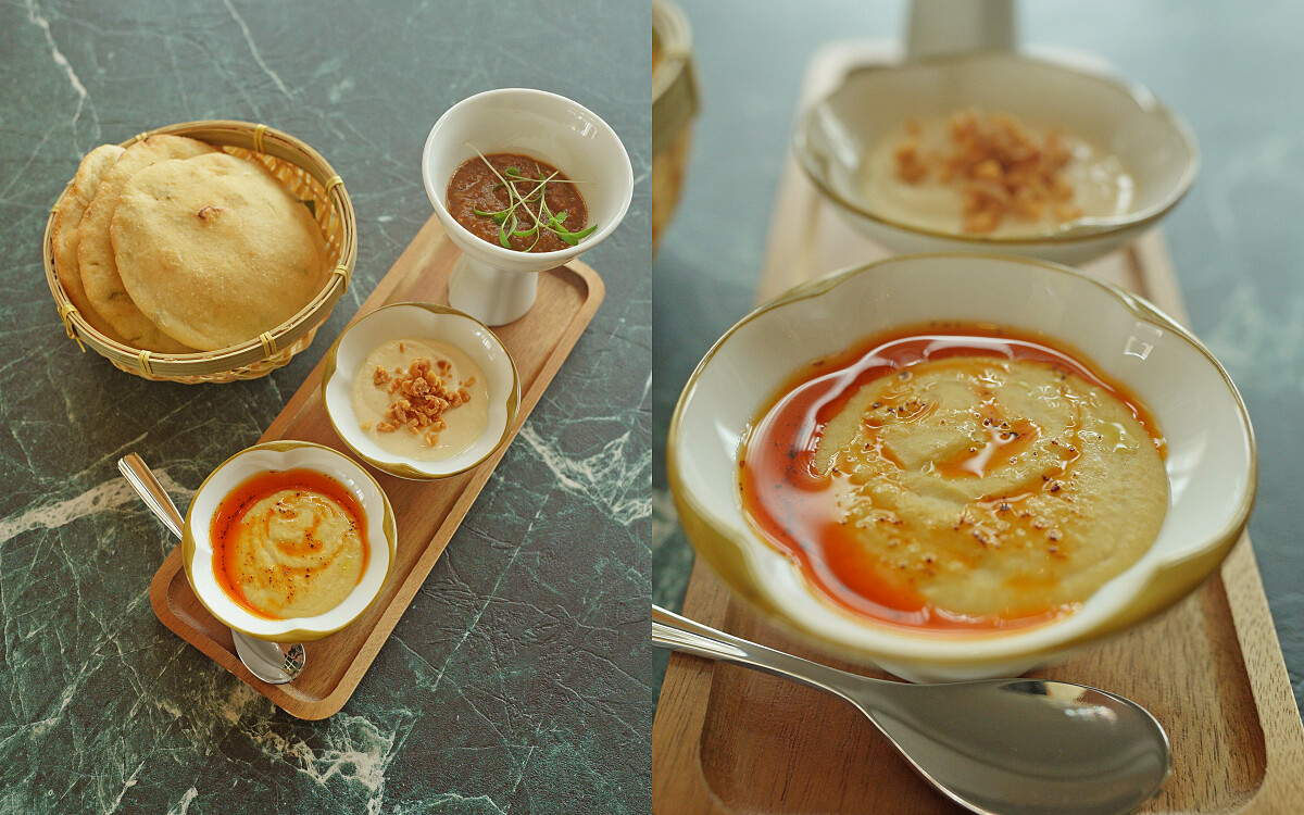 很能代表台灣的 gubami 手作蔥餅。搭配三種醬料，蒜酥辣優格、咖哩肉醬、紅油鷹嘴豆泥。