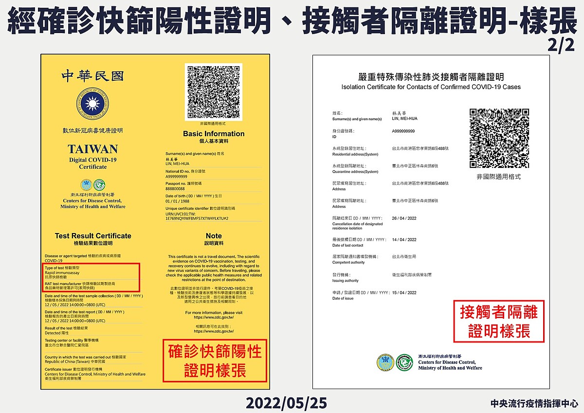 快篩陽性確診證明(左)、接觸者隔離證明(右)